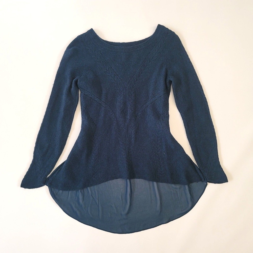 Knitted & Knotted Anthropologie Small Navy Blue Mixed Media High Low Sweater